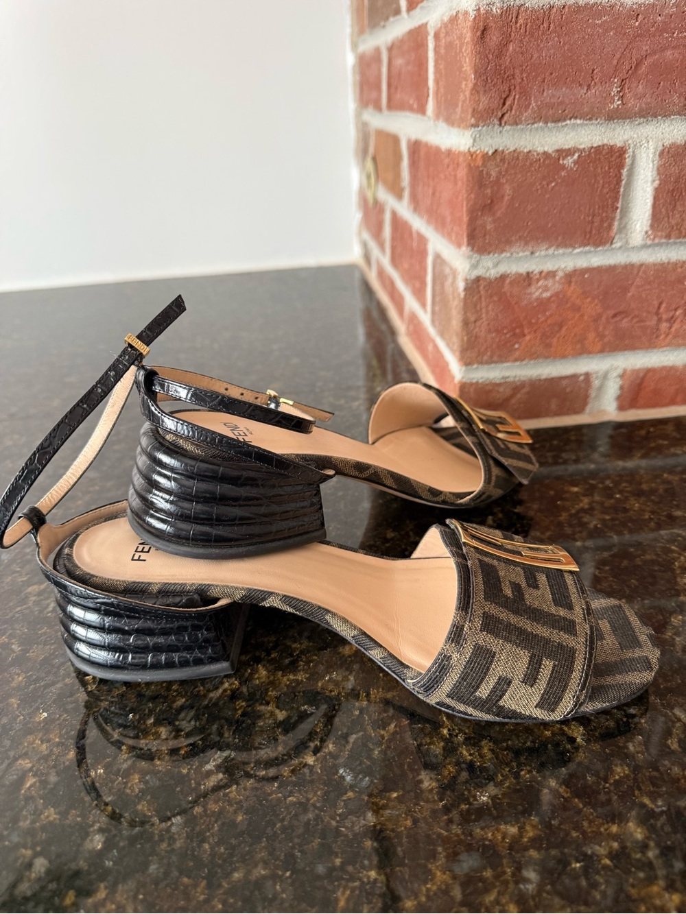 Fendi Black & Tan FF Logo Ankle-Strap Low Block Heel Sandals
